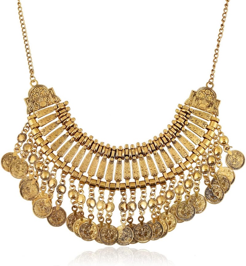 CCBFY Long Tassel Chunky Boho Coin Statement Necklace For Women Silver - Image 1